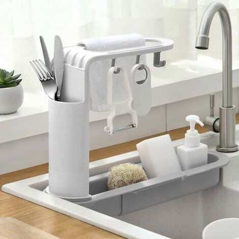 Porte-éponge pour évier de cuisine Organisateur d'évier multifonctionnel Support de rangement pour évier de cuisine extensible - Blanc (1/5)