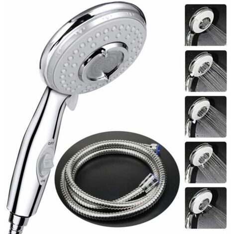 Pommeau de douche + tuyau de douche flexible 2M, pommeau de douche avec tuyau, 5 modes d'économie d'eau et bouton interrupteur, douchette à main en acier inoxydable haute pression (1/5)