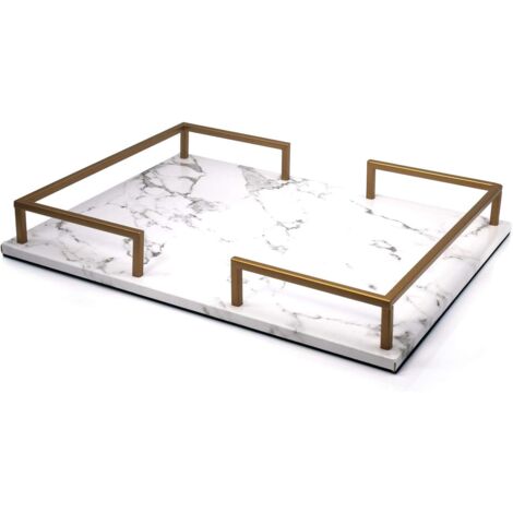 Plateau Décoratif en PU Marbre, Rangement Rectangulaire avec Poignées Dorées, Plateau de Service et Bijoux, Blanc (1/4)