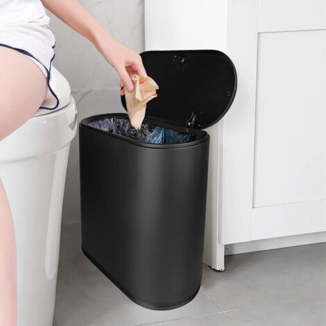 Poubelle, 10 litres / 2,4 gallons Poubelle en plastique mince avec couvercle à pression Blanc Poubelle pour cuisine salle de bain salon bureau espace étroit (noir) (1/5)