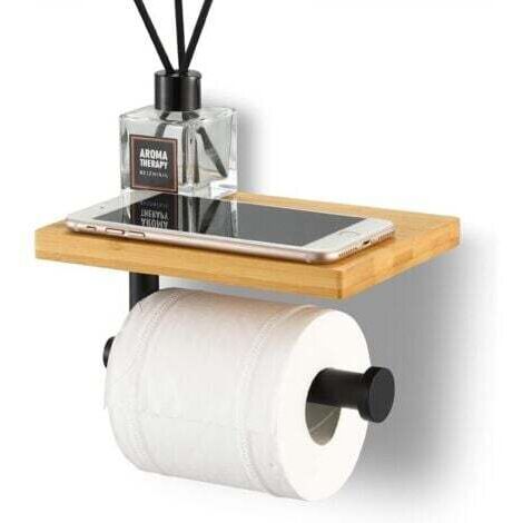 Porte Papier Toilette avec Etagère Bambou Salle de Bain Porte Rouleau en Acier Inoxydable SUS304 Support Mural Noir Mat,Version sans perçage (1/4)