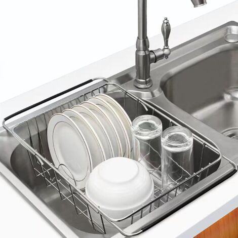 Panier égouttoir d'évier en acier inoxydable – Extensible pour petits éviers – Bras antidérapants – 7 fentes pour assiettes