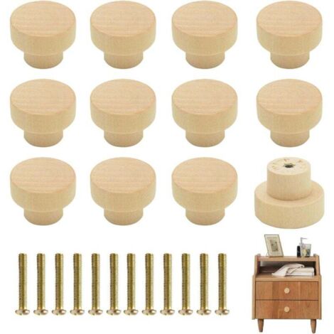 12 Pièces Boutons de Meuble en Bois Naturel, Poignées Ronds pour Placards, Bureau, Armoire et Tiroirs (1/4)