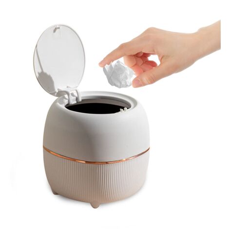 Mini poubelle ronde en plastique pour bureau avec couvercle, maison, cuisine, salle de bain, bureau (blanc) (1/5)
