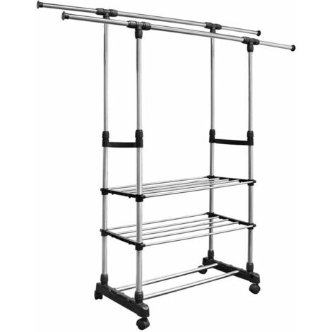 Porte-manteau extensible à double barre, porte-manteau en métal réglable en hauteur, étagère inférieure à 3 niveaux, armoire avec roues, noir (1/3)