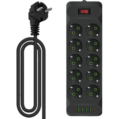 Multiprise à 10 prises : multiprise avec 4 ports de charge USB + 2 ports de type C, prise de distribution murale, multiprise avec interrupteur, bande d'alimentation 10 prises avec câble de 2 m pour le