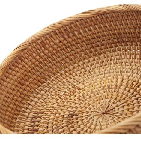 ISAKEN Panier de Rangement Rond en Rotin, Corbeille de Fruits en Osier, Plateau à Fruits et à Pain Boîte de Rangement Portable pour Pique-Nique Organisateur Tressé Naturel pour Cuisine, M