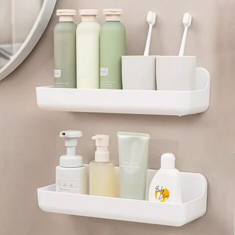 Lot de 2 Étagère Salle de Bain, Étagère Douche Sans Perçage en Plastique, Porte Shampoing Gel Douche, Paniers Rangement Mural pour Salle de Bain Cuisine, Blanc-Long Panier (1/5)