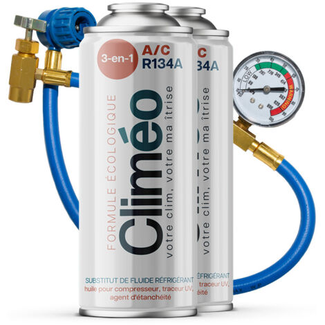 Climeo réfrigérant écologique R134a/R12 3in1 2x400ml – Tuyau avec manomètre – Entretien climatisation facile et rapide (1/5)