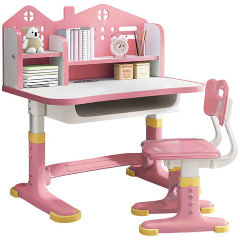 Ensemble de bureau d'étude pour enfants, plateau élargi, hauteur réglable, avec panneau de fond en forme de château, avec étagère et tiroir de rangement (rose) (1/5)