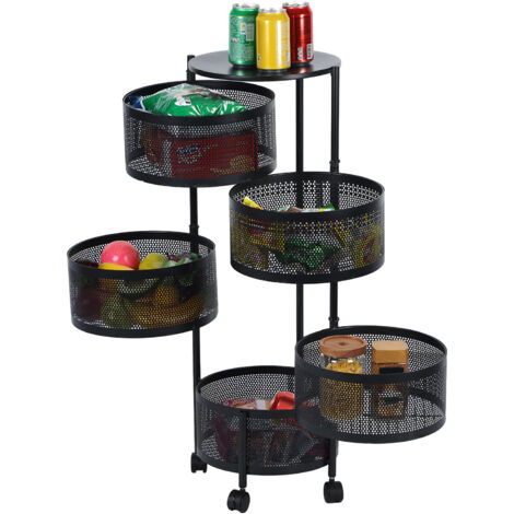 Chariot de rangement circulaire rotatif à 5 niveaux avec roues à 360 degrés pour cuisine, salon et bureau