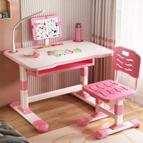 FIANAO - Bureau enfant - Ensemble bureau et chaise d'étude pour étudiants - hauteur réglable - livré avec chaise et lampe de bureau LED respectueuse des yeux - 73×70×46cm - rose (1/5)