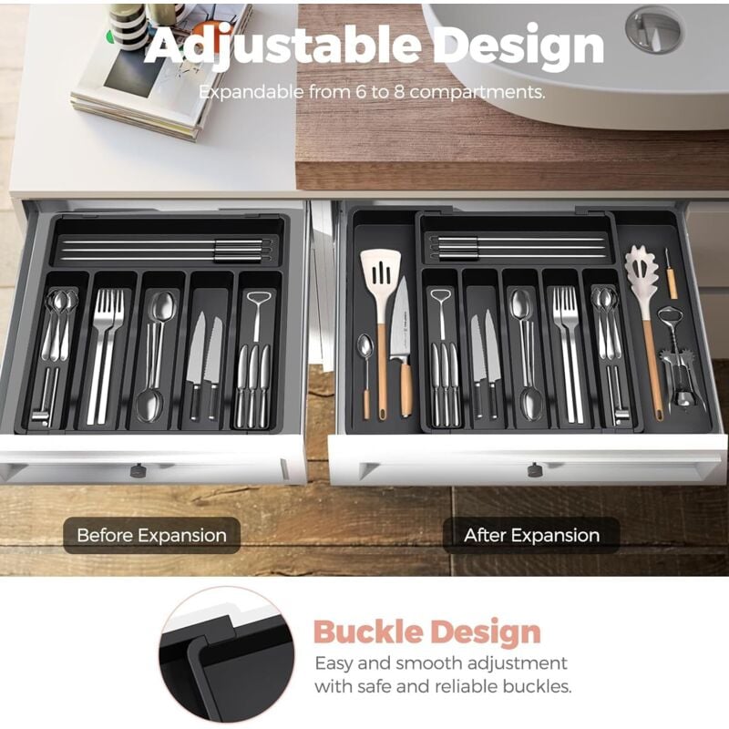 Dinkich Porte-ustensiles De Grande Capacité, Organiseur De Tiroir Extensible Pour Couverts De Cuisine, Organiseur Réglable Avec Séparateurs, Plateau à Couverts Pour Cuisine, Restaurant, Bureau