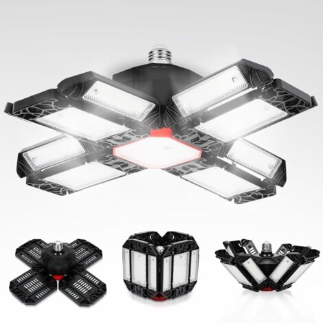 200W Éclairage LED Garage, 20000LM 6500K Plafonnier déformable avec 12 Panneaux Réglables, Plafonnier d'atelier à LED E26/E27 Plafonnier Garage pour cave Magasin Atelier Entrepôt