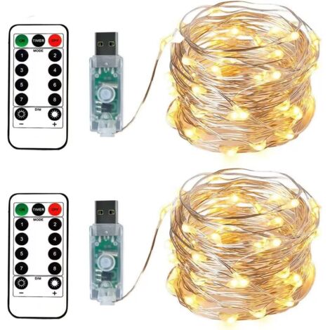 Coavas – Guirlande lumineuse d'extérieur 2 x 10 mètres 100 LEDs – Blanc chaud – Prise USB avec télécommande – 8 modes d'éclairage étanches