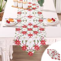 38CM x 176CM Chemins De Table De Noël, 2 Côtés Coton Et Lin Brodé Chemin De Table Poinsettia Et Feuille De Houx Linge De Table pour La Décoration De Table De Mariage Décorations De Noël