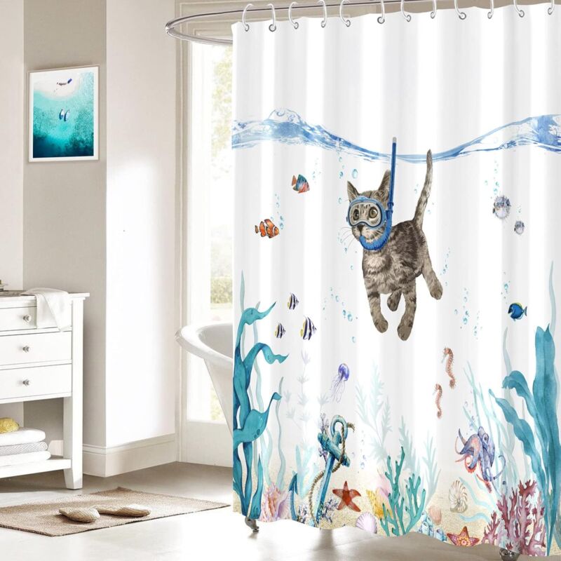 KOTOM Kinder-Duschvorhang 'Love Sea' - Lustige Meeres-Tiere, Wal & Korallen-Design, Wasserdicht & Inkl. Haken (175x178 Cm)