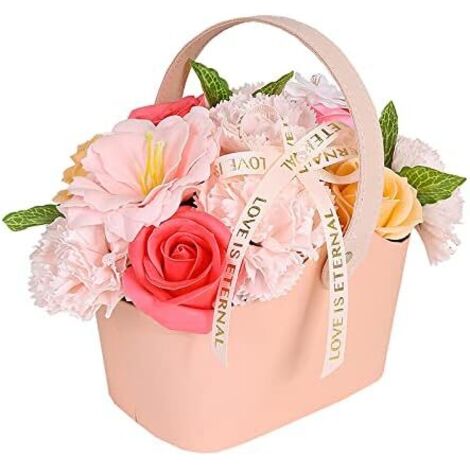 Ahlsen Seifenblumenbox, Seifenblumenstrauß mit Korb, künstliche Seifenrose, ewige Schönheit, Romantikschöpfer, kreatives Geschenk zum Muttertag, Valentinstag (Rosa) (1/5)