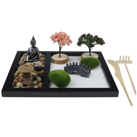 Ahlsen Miniatur-Zen-Garten, Kunstharz-Sandkasten-Ornamente, Zen-Garten-Rechen aus Bambus, Miniaturen für den Garten im Freien, Dekorationen für Zuhause und Büro aus Naturstein
