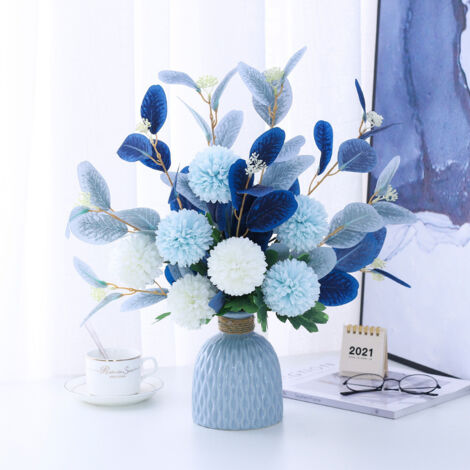 Ahlsen Künstliche Blumen, künstliche Zimmerpflanze, blaue künstliche Blume im mediterranen Stil, für Zuhause, Heimwerker, Büro, Hochzeitsdekoration (künstliche Blumen, Vase) Set (1/5)