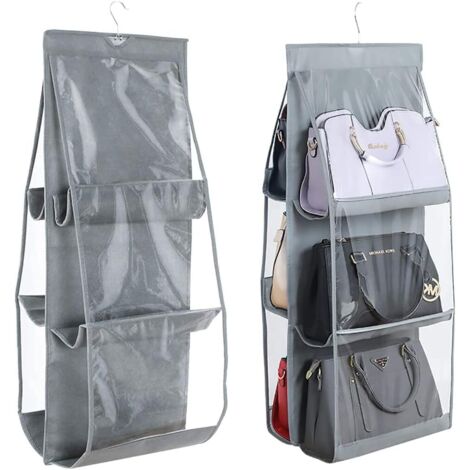 Ahlsen Stück hängender Handtaschen-Organizer, Aufbewahrungstasche für Kleiderschrank, Schrank, Ordnungssystem, 6 staubdichte Taschen, transparentes Fach, Vlies – Grau (1/5)