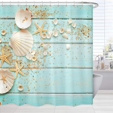 Tenda Doccia Tropicale Con Spiaggia, Tavola Da Surf E Palme – 183x183 Cm, Poliestere Impermeabile Antimuffa, 12 Ganci