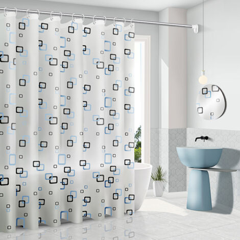 Ahlsen Cortina de Ducha Antimoho 200x180cm con Anillas Cortina de Ducha Antibacteriana Sin Lavado Baño Blanco con Cuadrados Azules