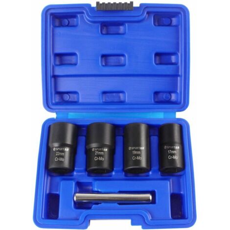 Ahlsen Juego de vasos extractores de tornillos Juego de 5 vasos torneados para quitar tuercas de rueda de 17 mm, 19 mm, 21 mm y 22 mm, HANBING