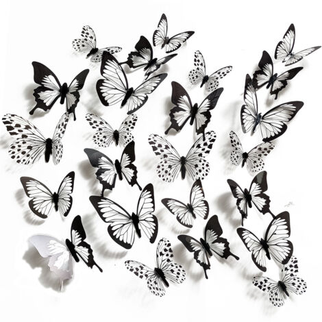 Ahlsen 24 pegatinas de pared 3D, simulación tridimensional, patrón de mariposa en blanco y negro, evento, fiesta, sala de estar, dormitorio, armario, pegatinas decorativas de pared (1/5)
