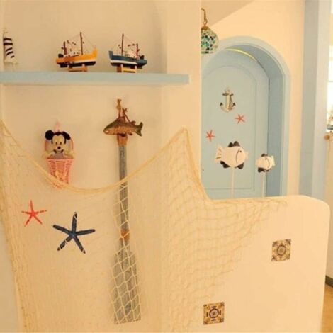 Rete Da Pesca Decorativa Nautica 2x1 Metri Con Conchiglie - Cornice Da Parete In Corda Di Cotone, Stile Spiaggia Mediterraneo Per Camera Da Letto E Casa (Blu) - 6
