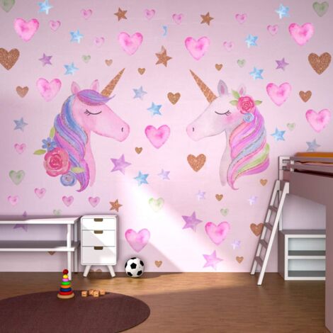 Ahlsen Pegatinas de Pared de Unicornio - Pegatinas de Unicornio Removibles Patrón de Corazón y Estrella Membrana Reflectante Pegatinas de Pared de Unicornio para Fiestas de Cumpleaños y Habitaciones d (1/4)