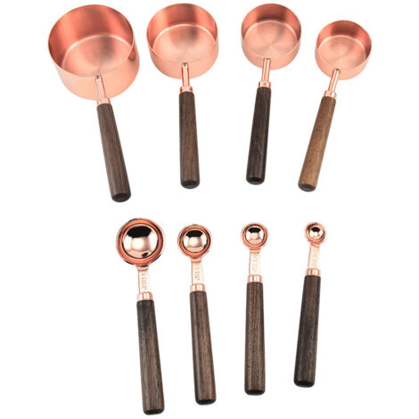 Ahlsen Cucharas y tazas medidoras de acero inoxidable, juego de 8, 4 cucharas medidoras, 4 tazas medidoras, mango de madera, cucharas medidoras para medir ingredientes secos y líquidos (1/5)
