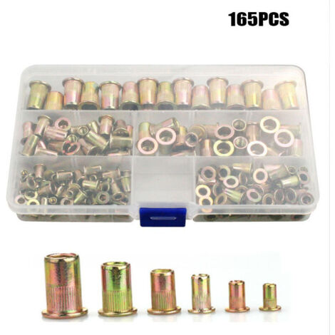 Ahlsen Tuerca remachable, insertos de tuerca roscados de acero al carbono galvanizado en caja de plástico M3 M4 M5 M6 M8 M10 M12 166 piezas, (1/5)
