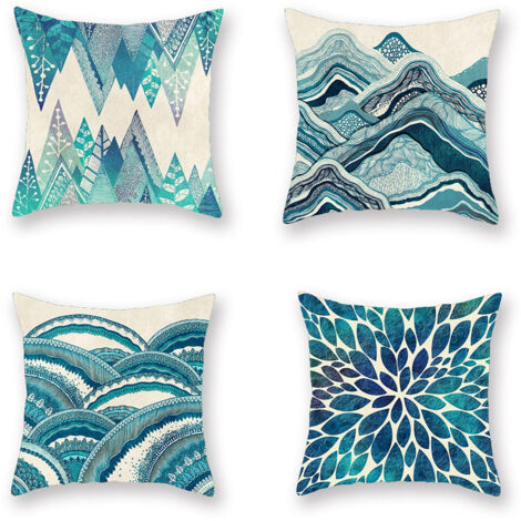 Ahlsen Accesorios de decoración textil para el hogar, funda de almohada con estampado de pintura de tinta, funda de almohada para cintura de cáñamo de imitación, cojín, azul y verde, 4 Uds.