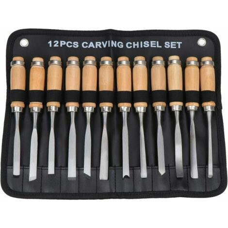 Ahlsen Herramientas de carpintería, tallado en madera, cuchillo para trinchar, cincel para madera, cincel para tallar, juego de herramientas de 12 piezas con mango de madera (1/5)