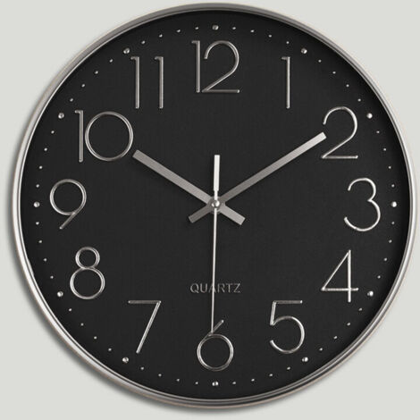 Ahlsen Reloj de pared de salón de cuarzo simple y elegante de 12 libras con efecto decorativo que no hace tictac (base de galvanoplastia negra y plateada de moda) (1/4)