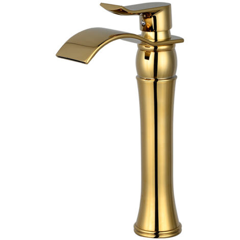 Ahlsen Grifo de lavabo de cobre completo, grifo de cascada para fregadero frío y caliente, grifo elevado para lavabo de baño, grifo elevado dorado de una pieza (1/5)
