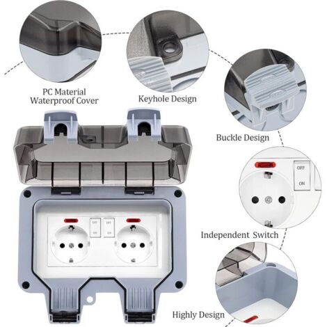 Ahlsen Enchufe exterior impermeable IP66, enchufe doble y cerradura protectora, regleta de pared para jardín, enchufe a prueba de polvo y viento con interruptor, luz indicadora (1/5)