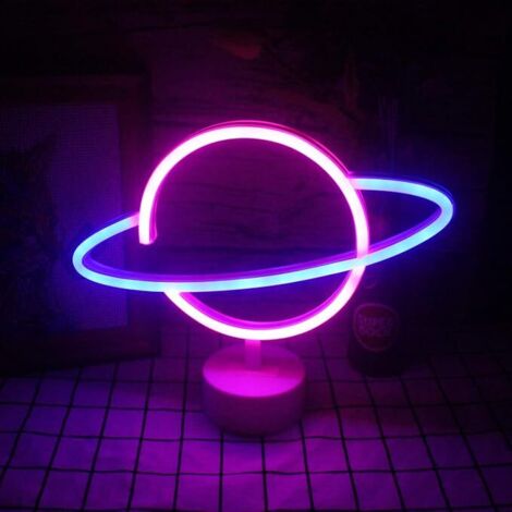 Ahlsen Lámpara y Base Neón LED Planet - Lámpara de Mesa Azul Claro y Rosa - Luz Nocturna USB - Decoración de Mesa