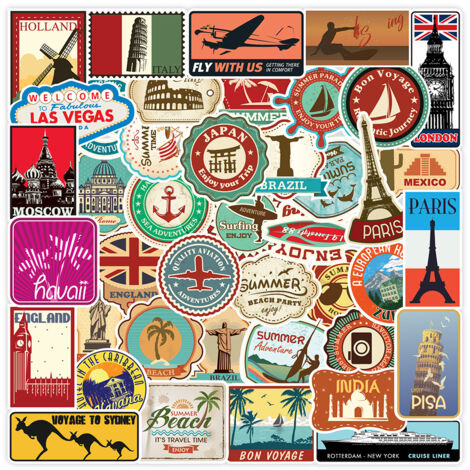 100 pegatinas para maletas de ordenador, pegatinas de viaje, países, ciudades, playas, muchas pegatinas diferentes y coloridas para decorar álbumes de fotos o para pegar en maletas como recuerdo. (1/5)