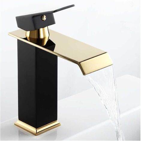 Ahlsen Grifo de lavabo de un solo orificio, grifo de agua fría y caliente de latón macizo, negro mate, dorado, para lavabo de baño, negro (1/5)
