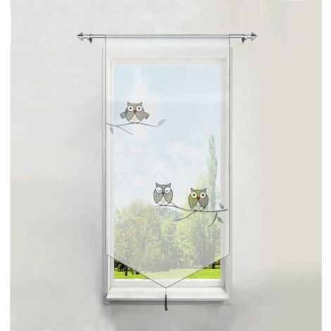 Ahlsen Pieza de cortina de terraza de poliéster transparente, ancho x alto, 60 x 120 cm, bordado de búho gris con pompón, cortinas cortas, decoración de ventana