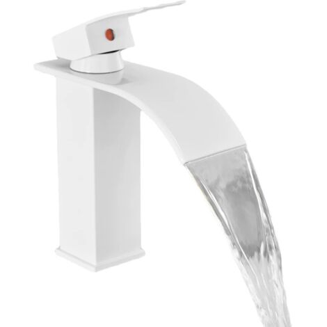 Grifo moderno para baño y cocina, efecto cascada, elegante grifo para lavabo, mezclador de agua fría y caliente disponible, color blanco. (1/5)