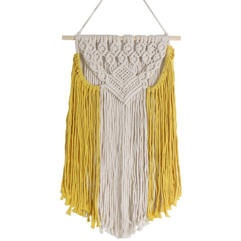 Ahlsen 1 pieza hermosa colgante de pared con flecos tejidos a mano - decoración de pared de algodón bohemio amarillo beige (1/5)