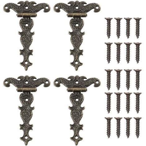 4 Stück Vintage dekorative geformte Bronzescharniere T-förmiges Möbelscharnier für Schranktür Werkzeugkasten mit Schrauben (1/5)