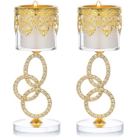 2 Stück goldene Kerzenhalter aus Eisenkristall mit 3 Ringen und mit Strass besetztem Stiel, Votivkerze und Teelicht, Höhe 17,5 cm (1/5)