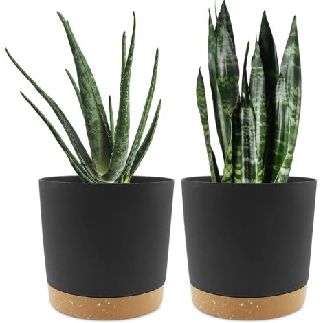 (Negro 19,5 cm) Juego de 2 macetas para plantas de interior con agujeros y base extraíble, platillo decorativo moderno para (1/5)