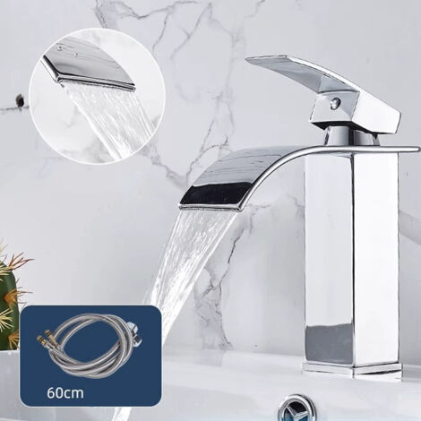 Grifo de baño moderno con cascada, grifo de lavabo de diseño elegante, agua caliente y fría disponible, grifos cromados (1/5)