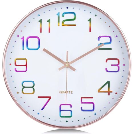 Reloj de pared con números multicolores 3D, moderno y silencioso, de 30 cm, color oro rosa, fácil de leer, sin tictac, decorativo para cocina y sala de estar. (1/5)