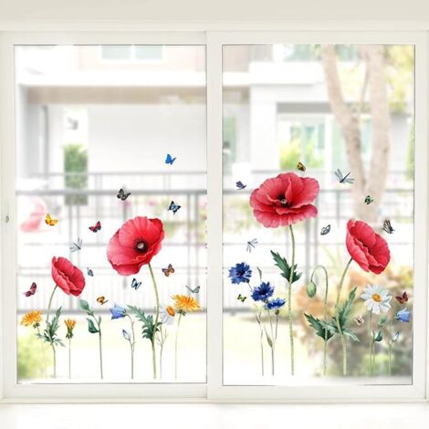 Pegatinas decorativas anticolisión con diseño de flores para ventana, diseño de libélula, mariposa y hojas verdes, antiadhesivas, para vidrio, 30 x 54 cm (1/5)